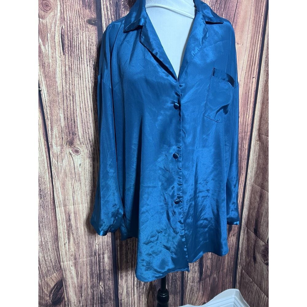 VICTORIA'S SECRET SILK PAJAMA Top Shirt Dress Size M Blue Emerald Pocket